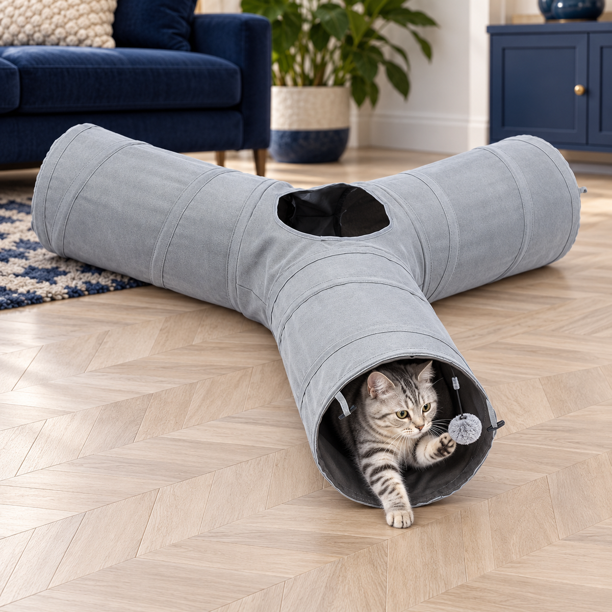 Tabby cat playing in grey three-way tunnel