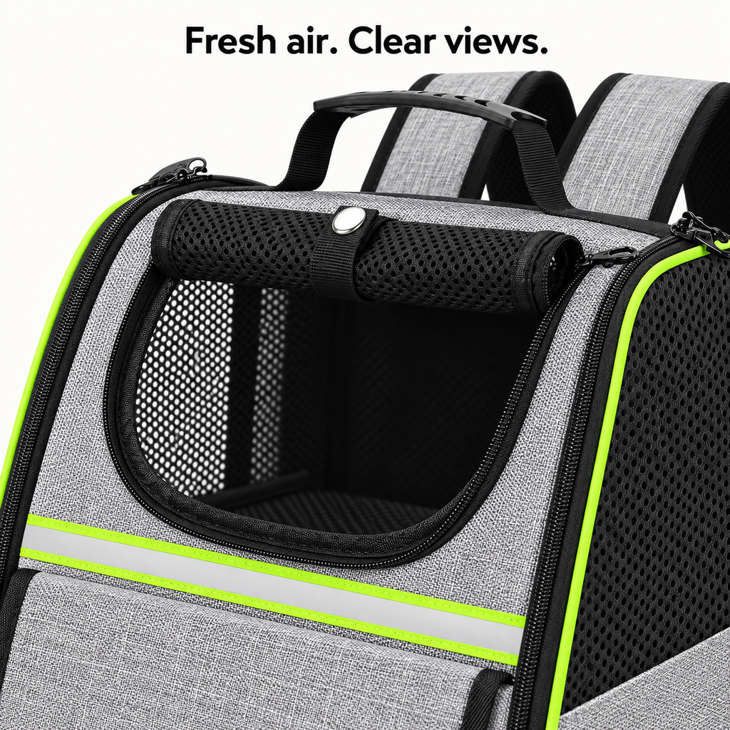 Close-up of Pecute backpack mesh opening and zip