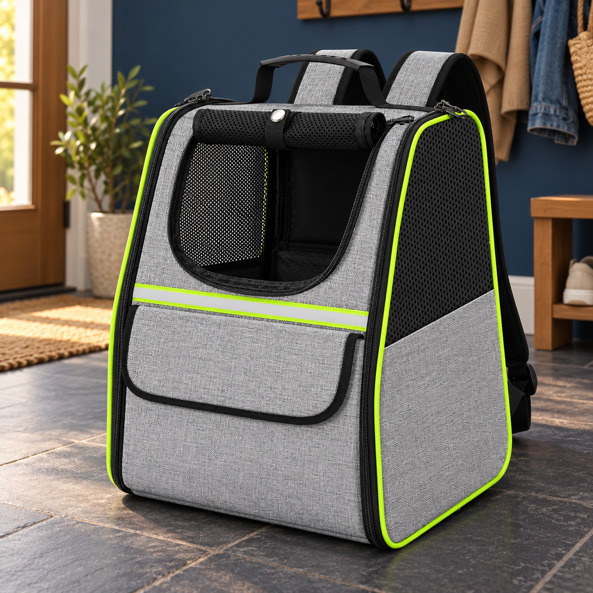 Pecute backpack on slate floor in an entryway