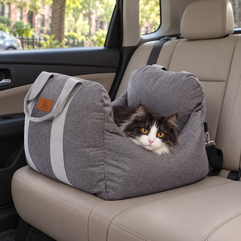 Longhaired cat resting in a grey PET AWESOME car seat