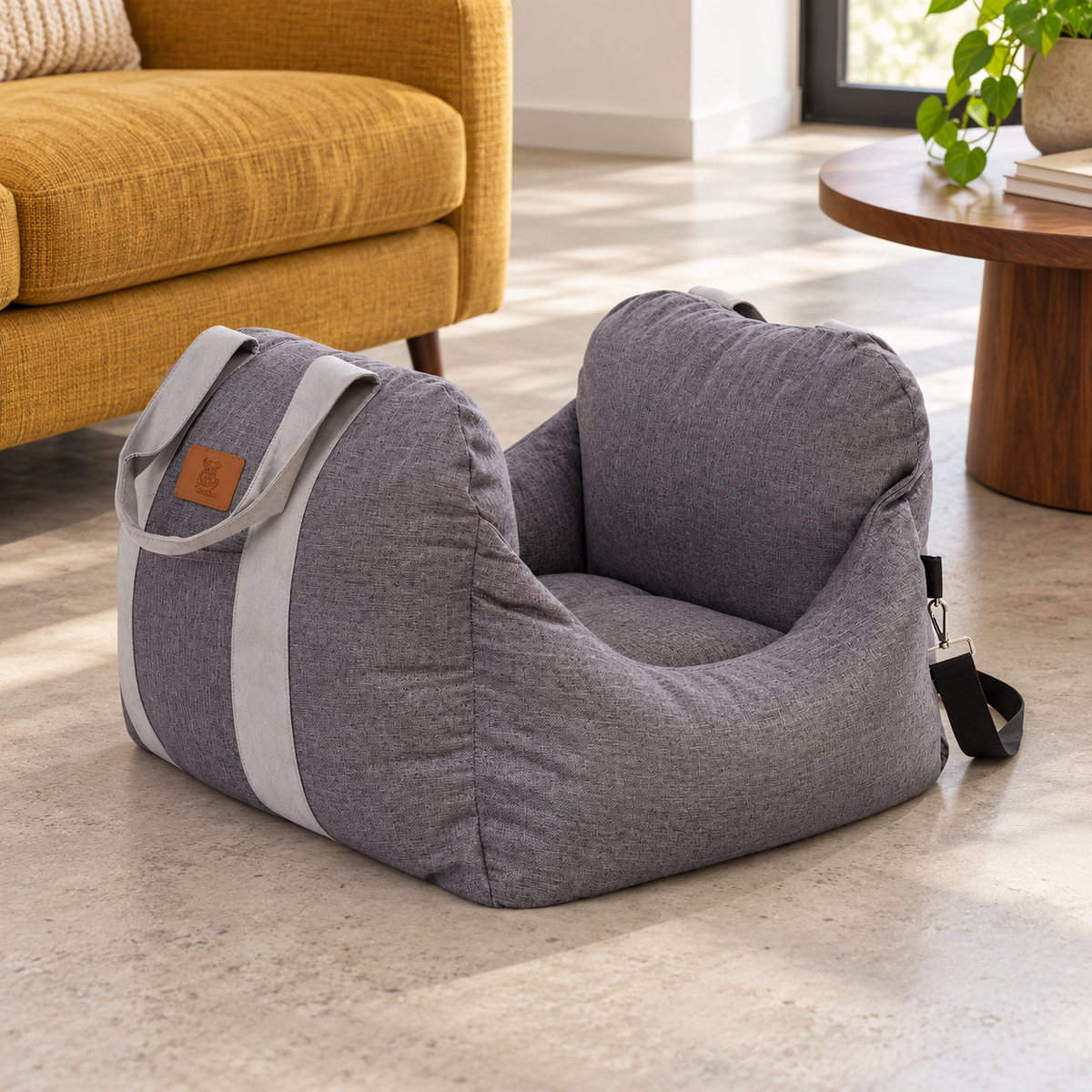 Empty grey PET AWESOME seat on an apartment floor