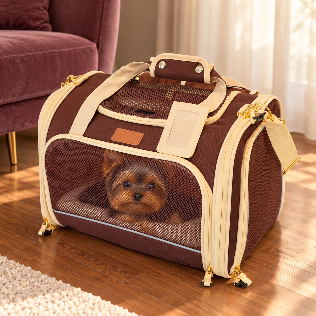 Brown PETPROVED carrier with a Yorkshire terrier resting inside in an apartment