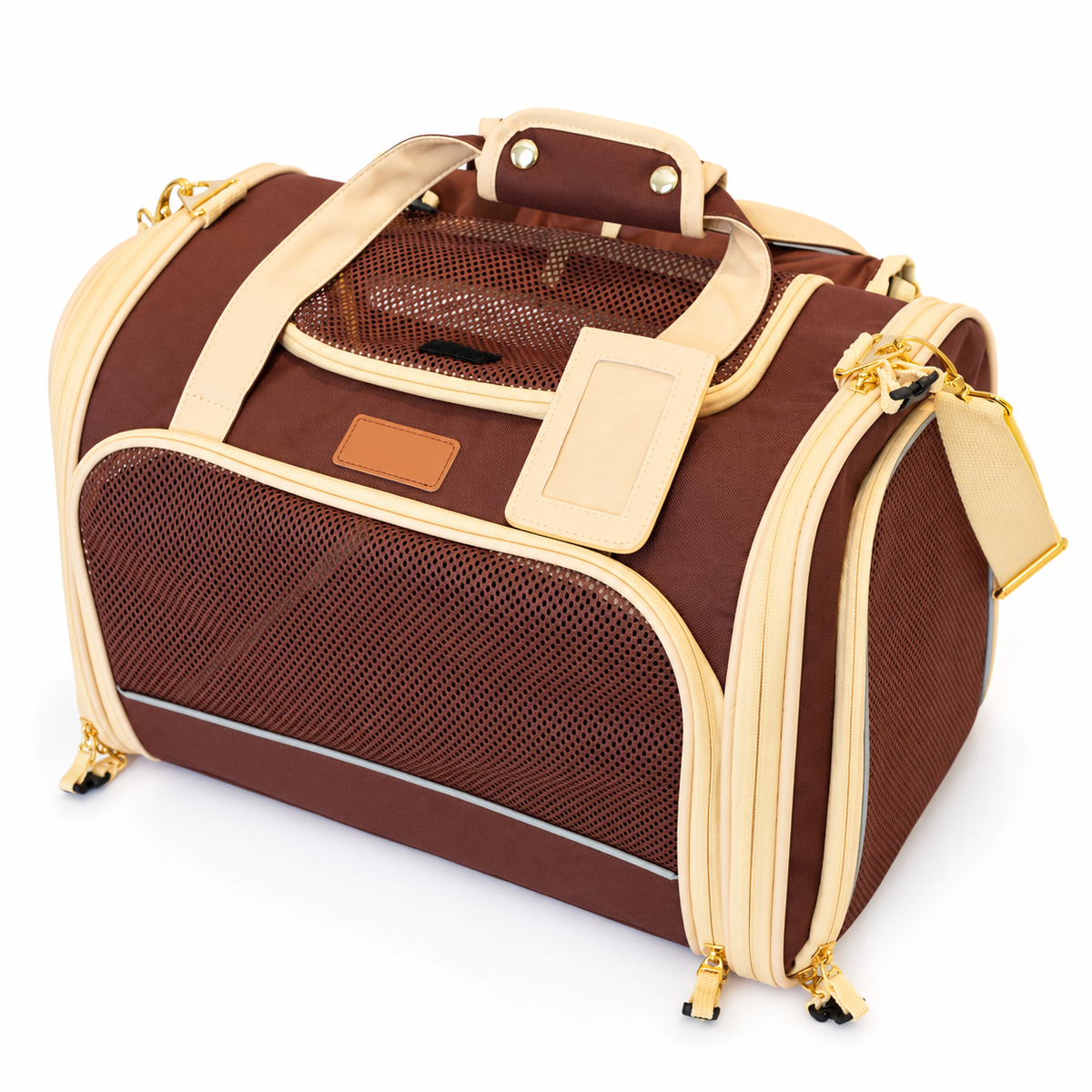 Empty brown PETPROVED carrier on a white studio background