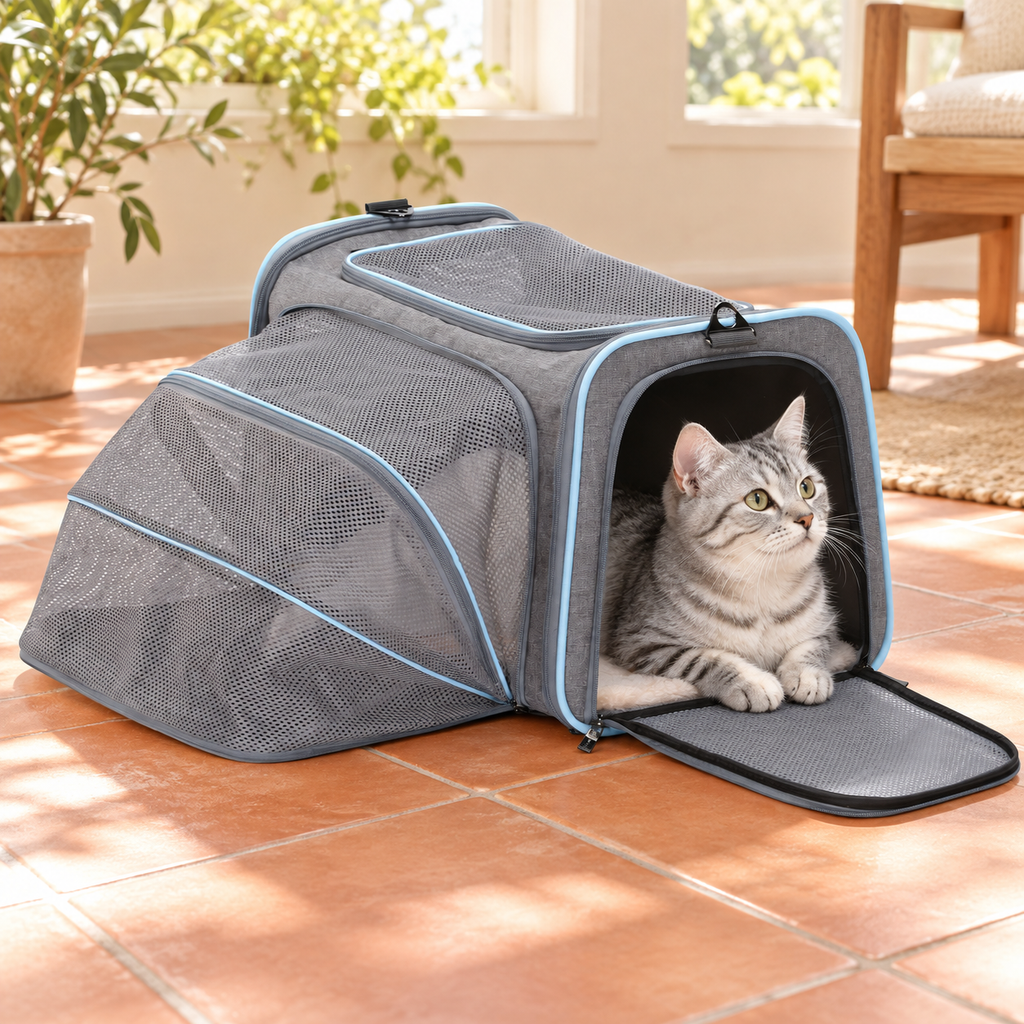 Tabby cat resting in expanded Petsfit carrier in a sunroom