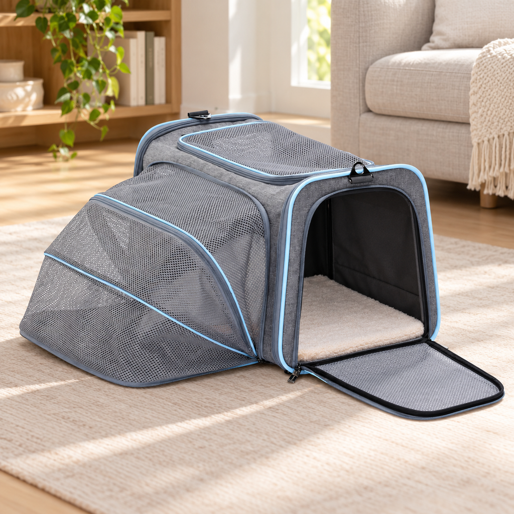 Empty Petsfit expandable carrier in a living room