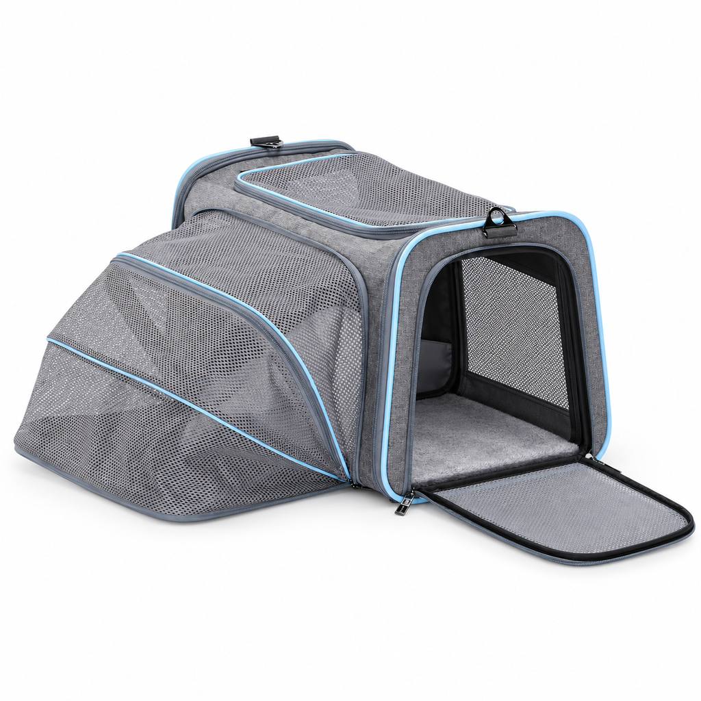 Empty expanded grey Petsfit carrier on white background