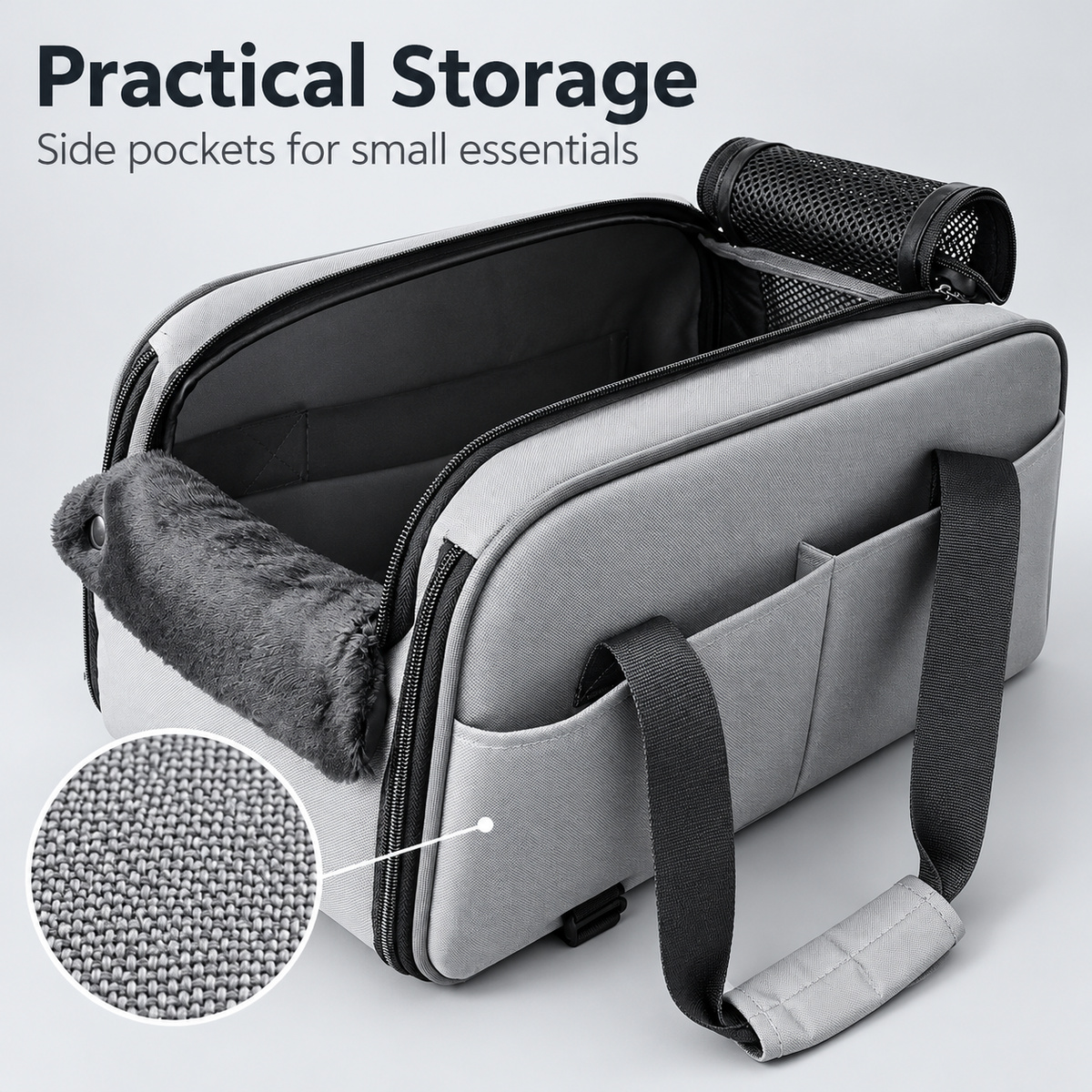 Grey carrier side pockets and Oxford fabric detail