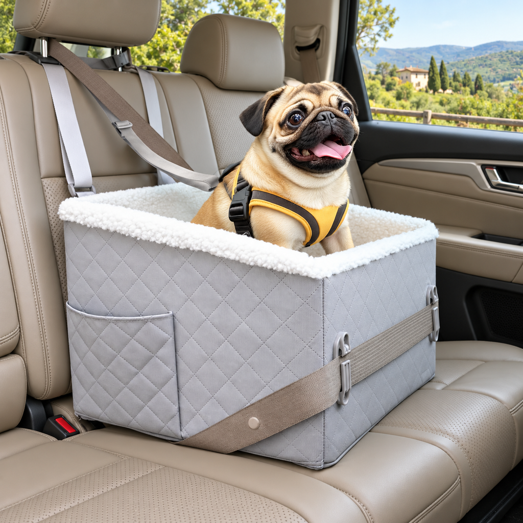 PETSFIT grey booster with pug in car