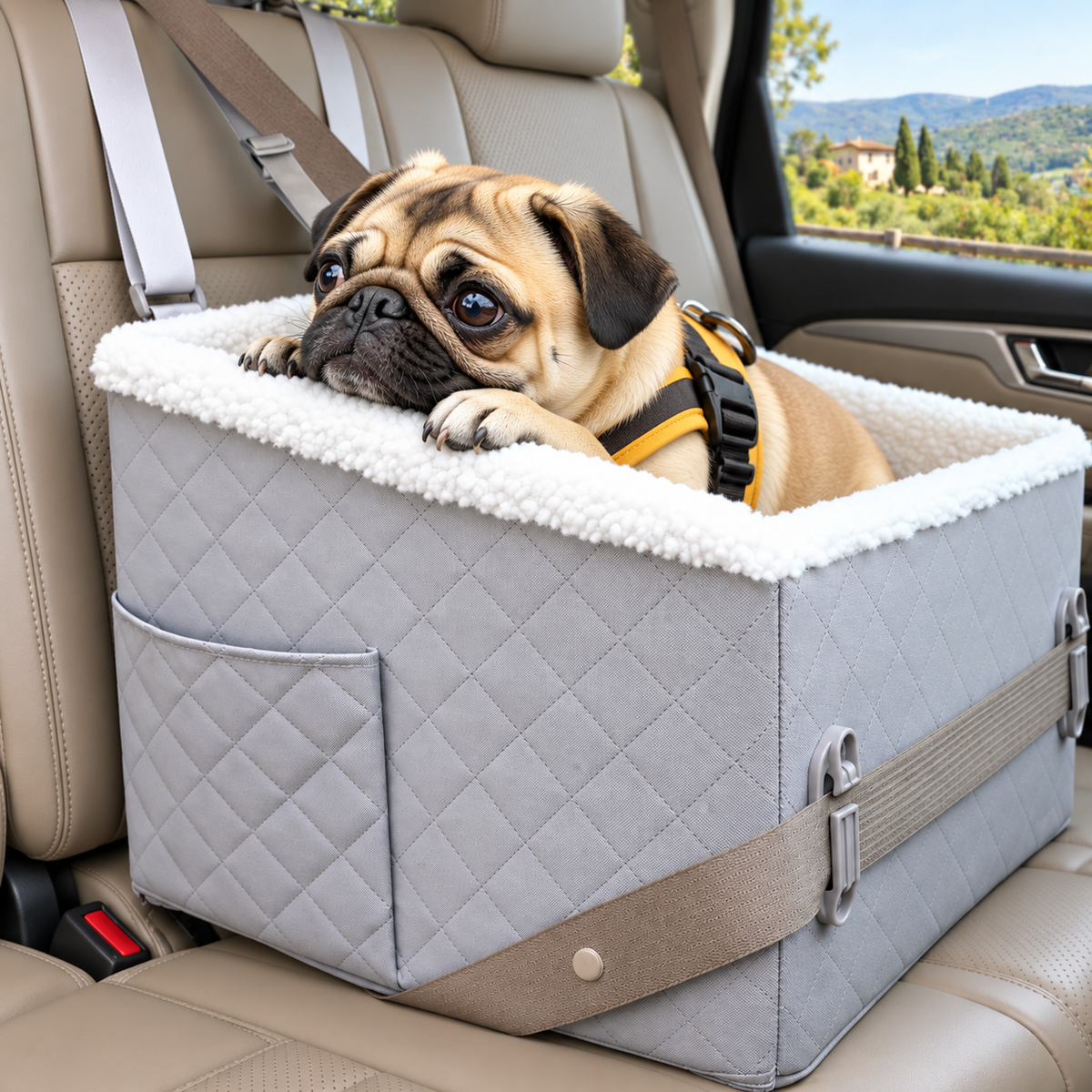 Close-up of pug and fleece dog seat