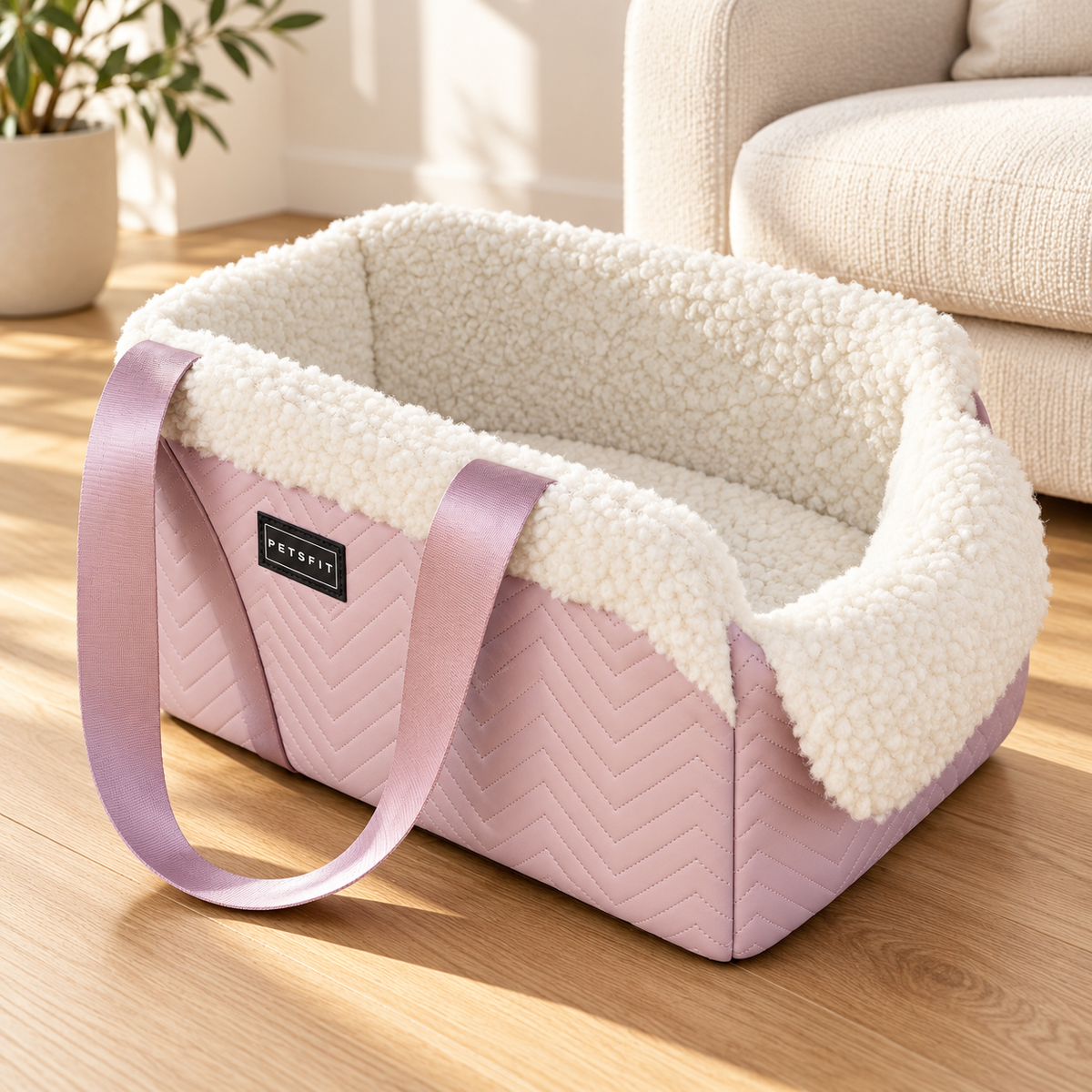Empty pink PETSFIT console pet seat on an oak floor