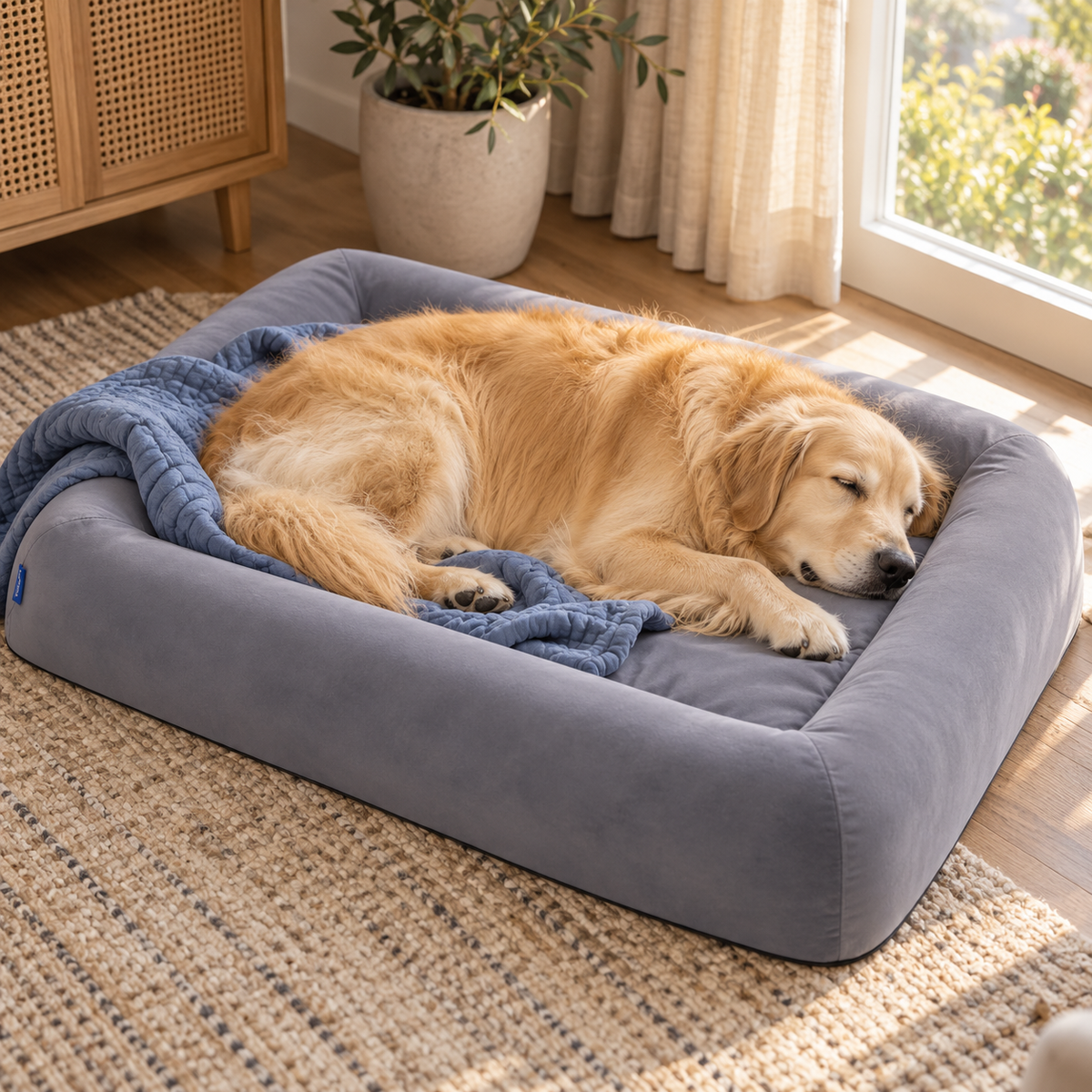 Pettycare XL Waterproof Orthopedic Bolster Dog Bed with Dual-Purpose Cushion & Washable Cover – Grey – dog cuddling with blanket, alternate angle