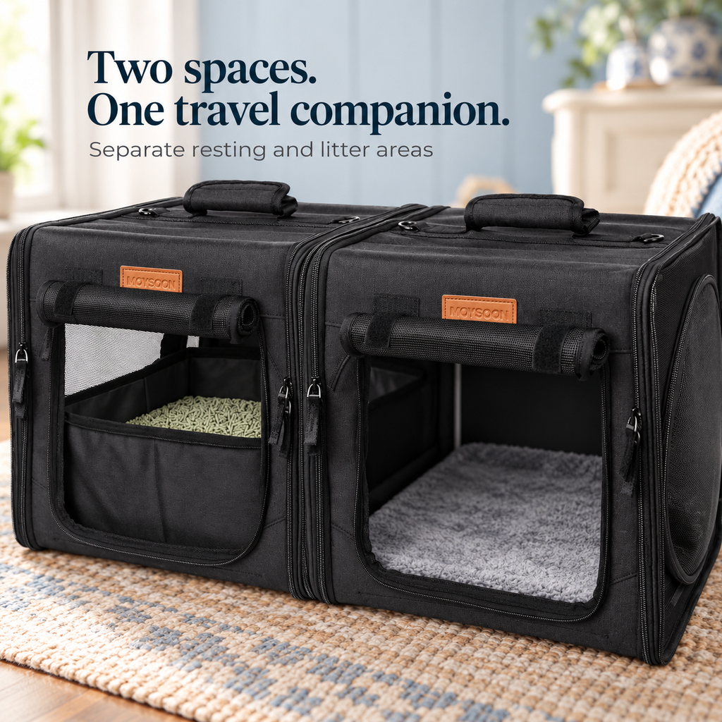 Separate resting pad and litter tray compartments in the black travel carrier