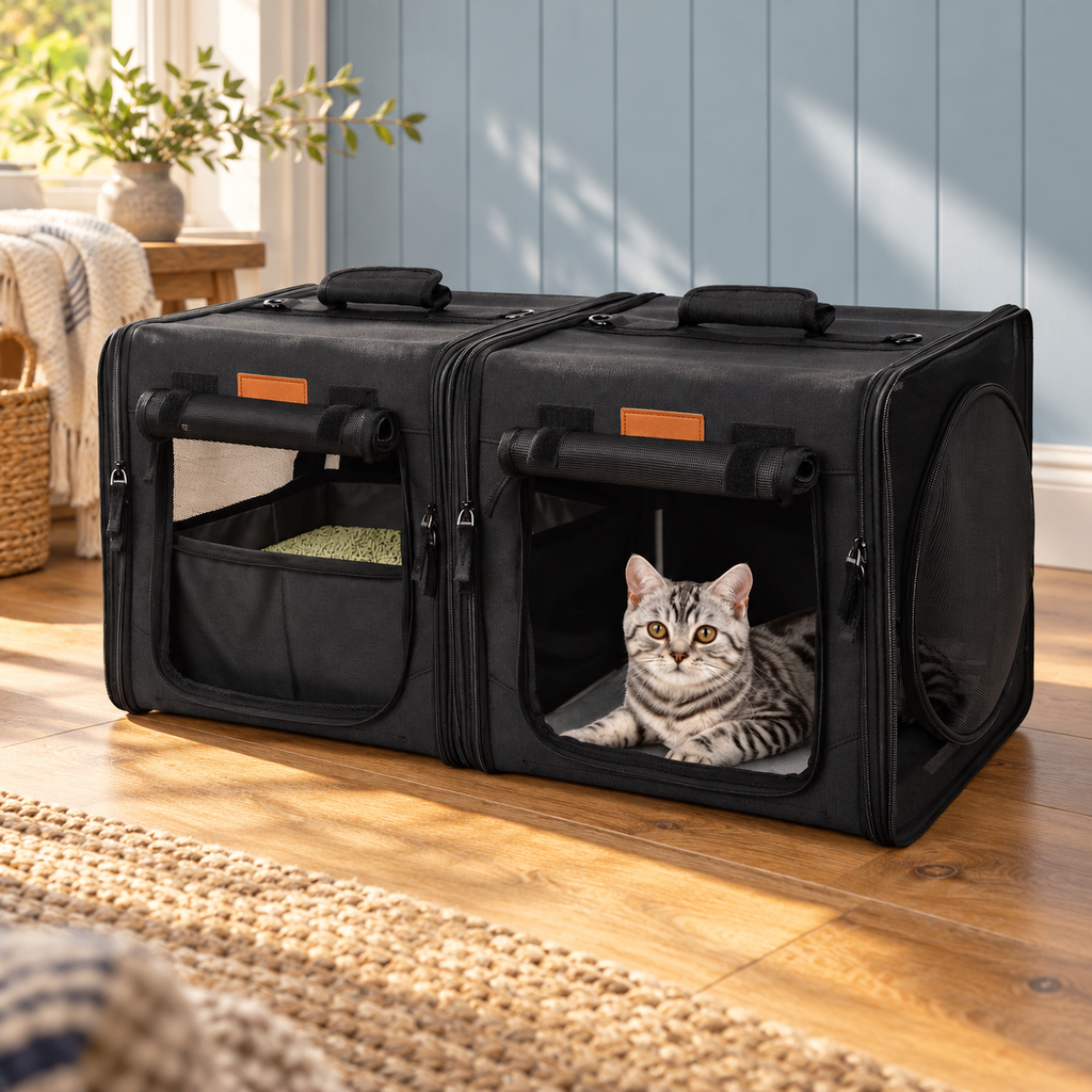 Black twin-compartment cat carrier with a silver tabby in a cottage room
