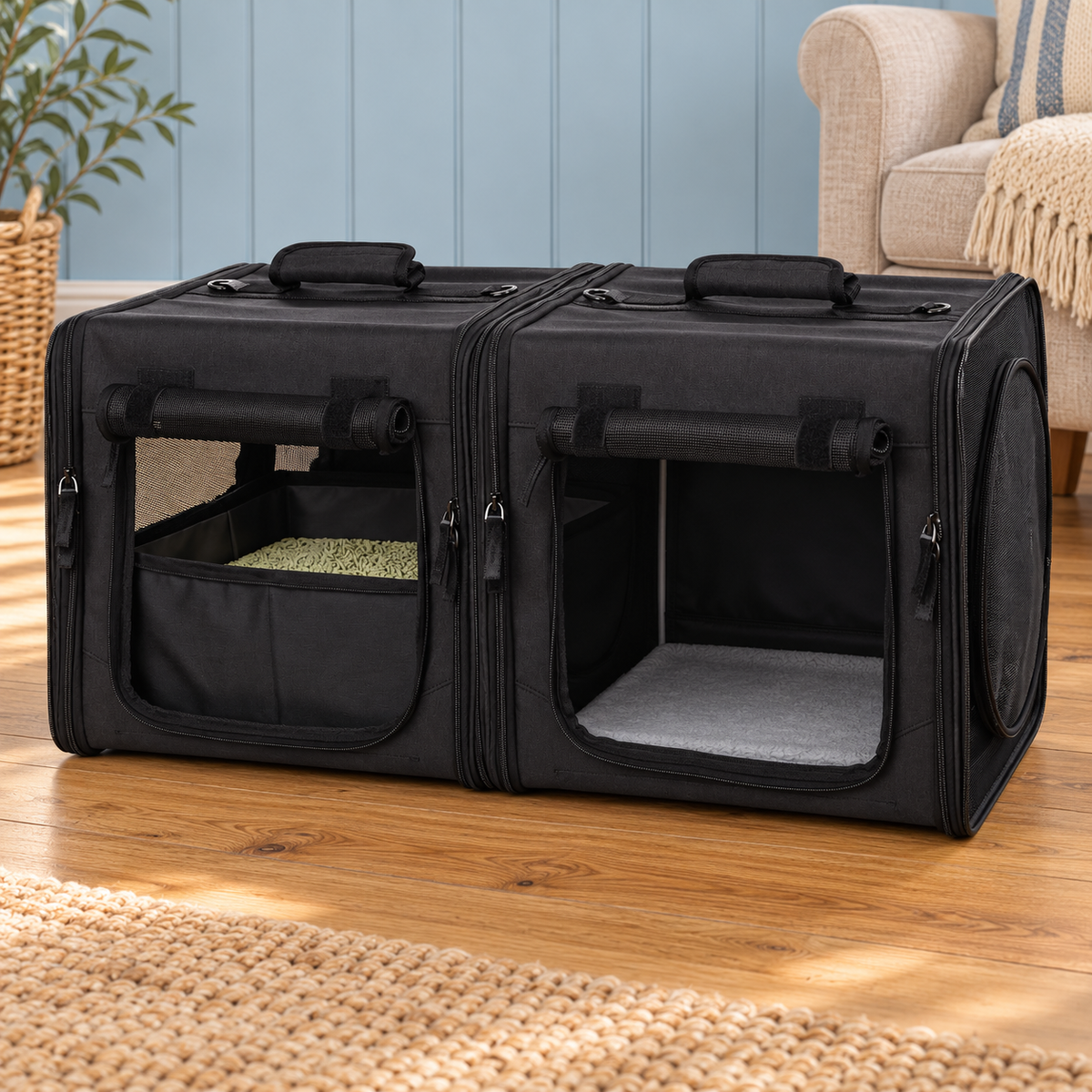 Twin-compartment cat carrier on an oak floor without pets