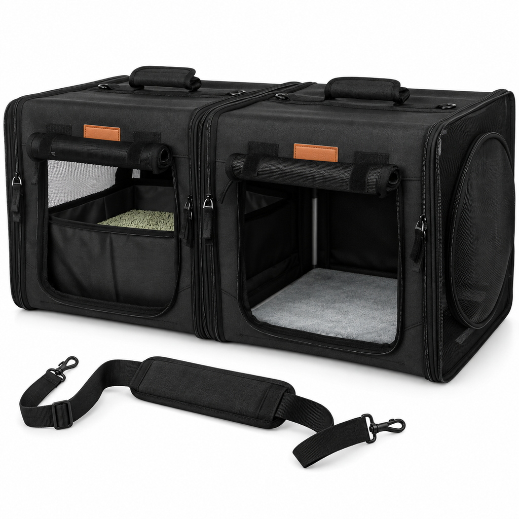 Empty black twin-compartment carrier and shoulder strap on white