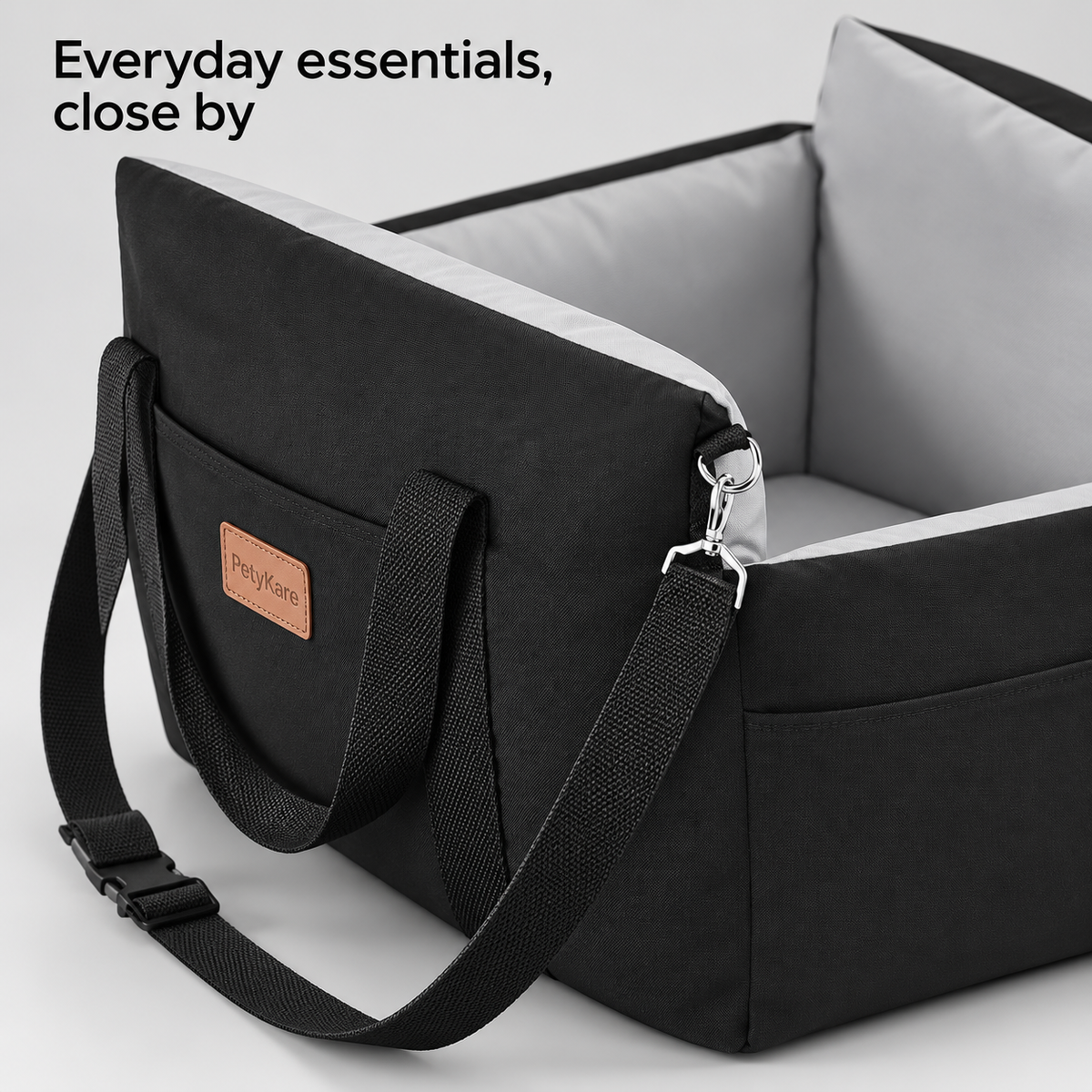 PetyKare black and grey pet car seat – detail view