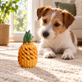 Brown and white terrier beside the yellow M pineapple rubber dog toy on a living-room rug