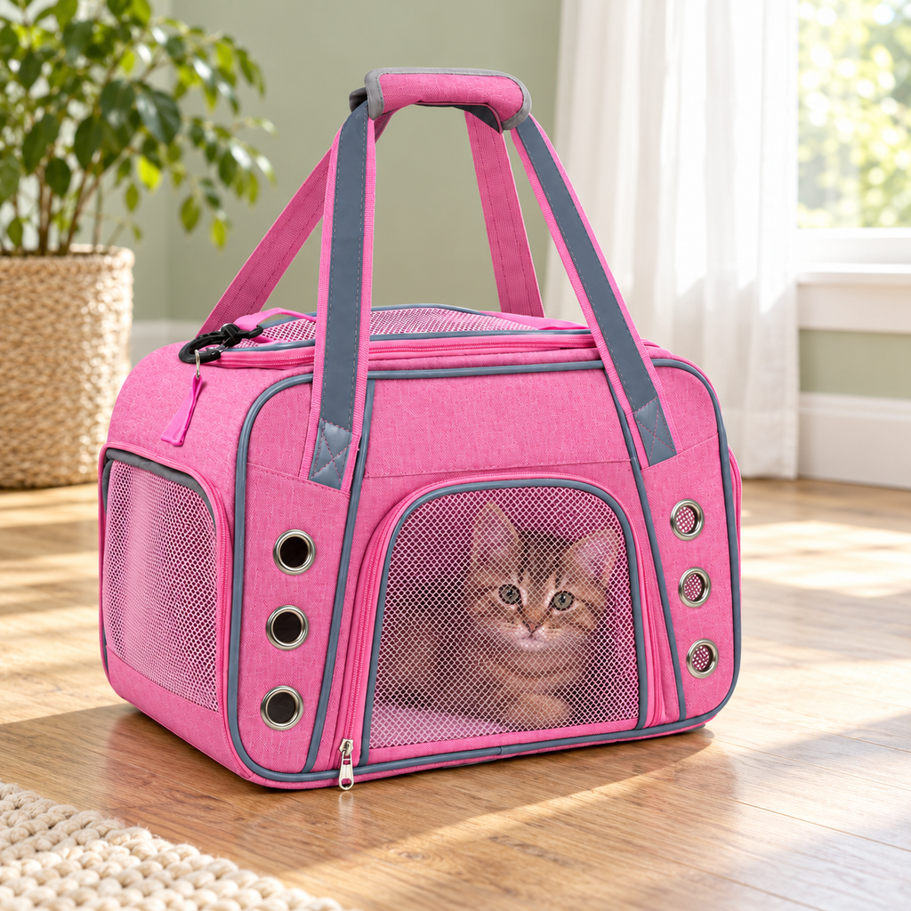 Tabby kitten inside a pink mesh carrier in a sage-green living room