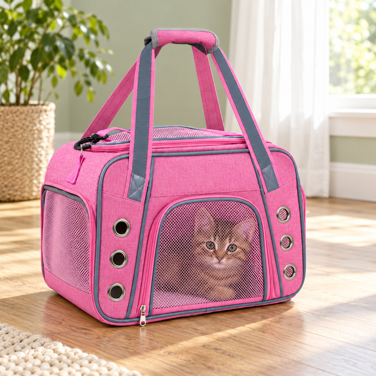Tabby kitten inside a pink mesh carrier in a sage-green living room