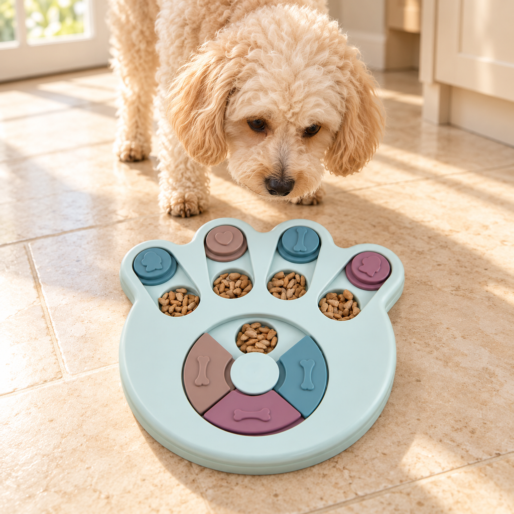Cream poodle exploring the blue paw-shaped feeding puzzle, shown with dry food for demonstration