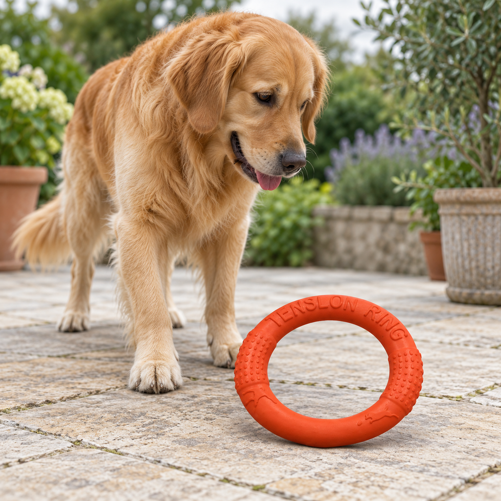 Golden retriever beside the orange 27.5 cm dog training ring on a garden terrace