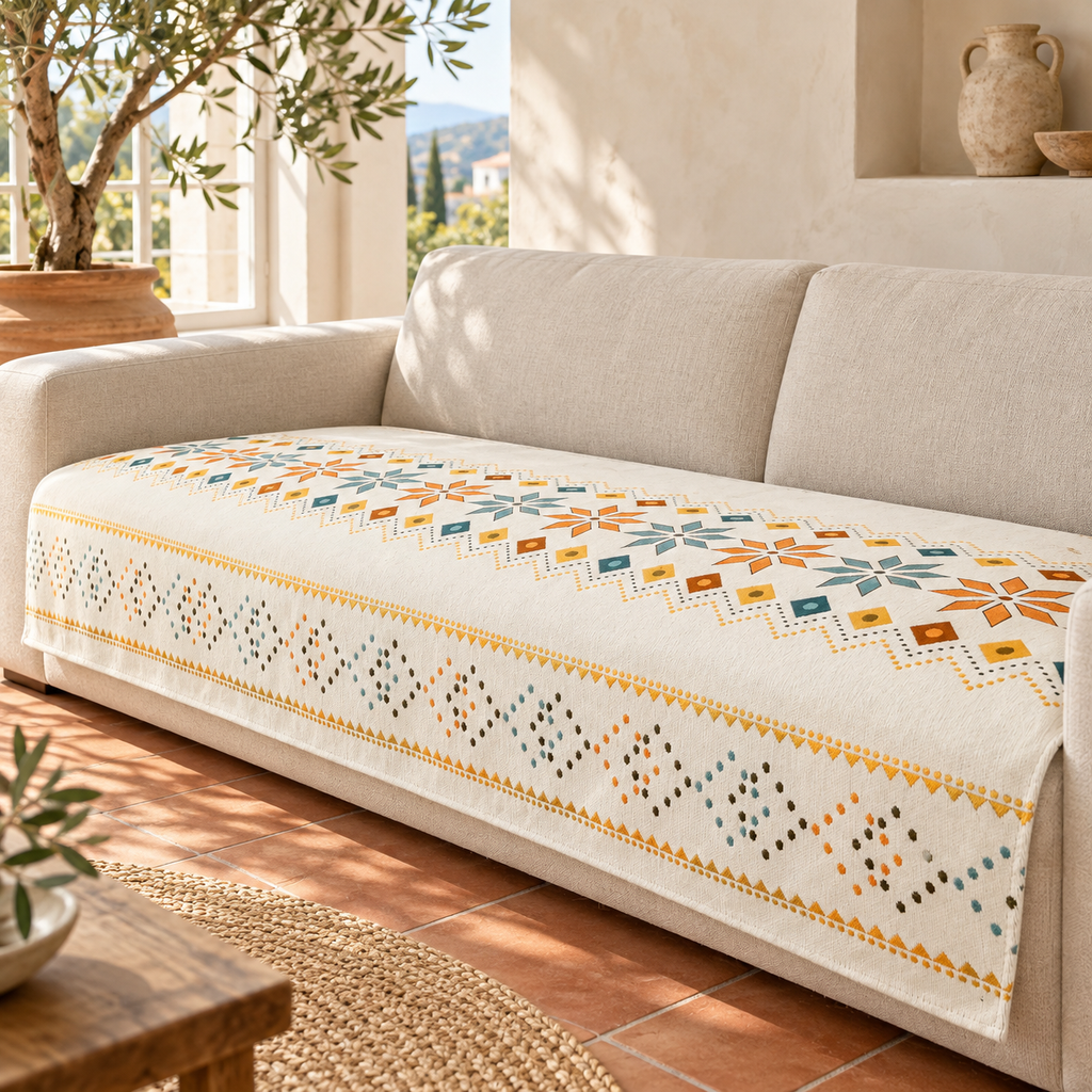Rosygulls Geometric Chenille Sofa Cover – Off-White, 110 × 210 cm – living room