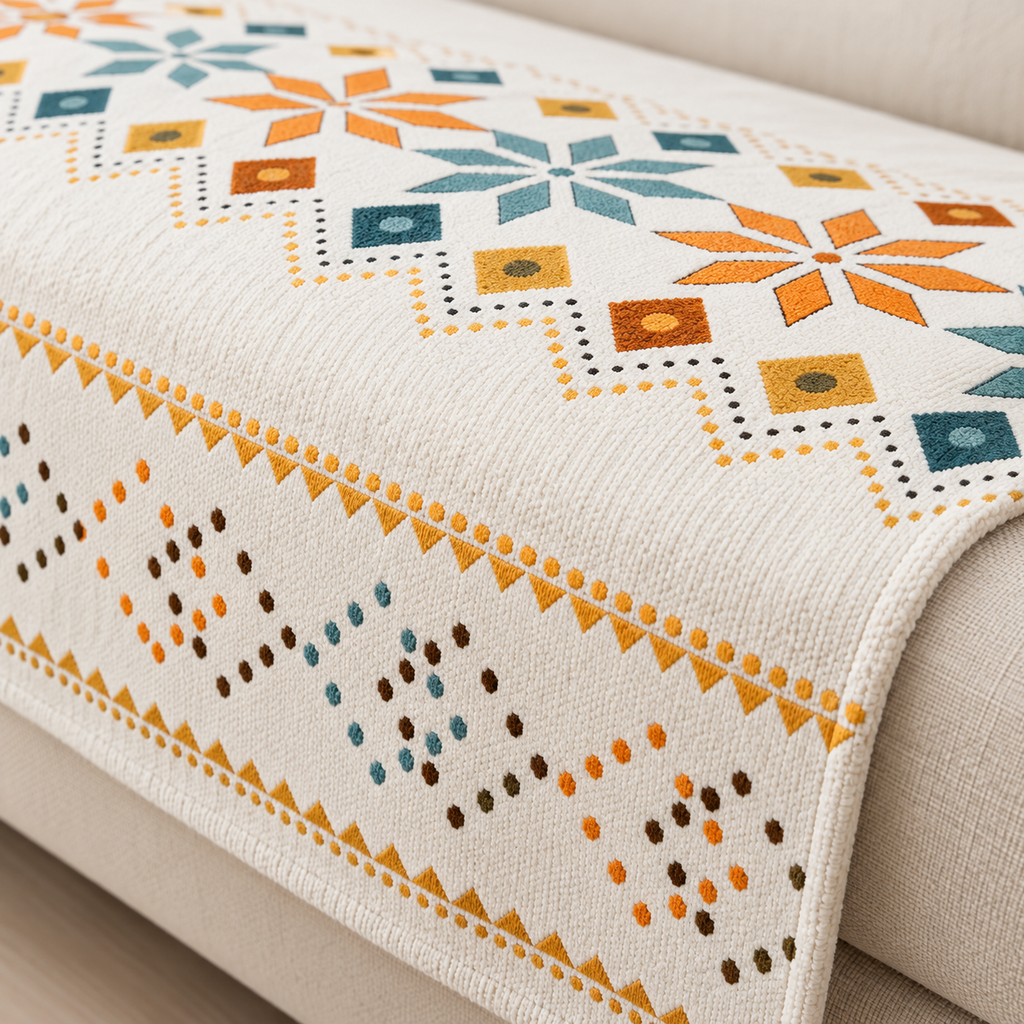 Rosygulls Geometric Chenille Sofa Cover – Off-White, 110 × 210 cm – fabric detail