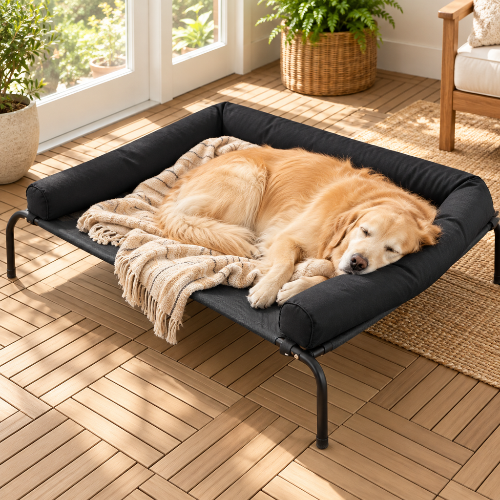 RRPETHOME Large Elevated Cooling Dog Bed with Breathable Mesh & Non-Slip Feet – dog cuddling with blanket, alternate angle