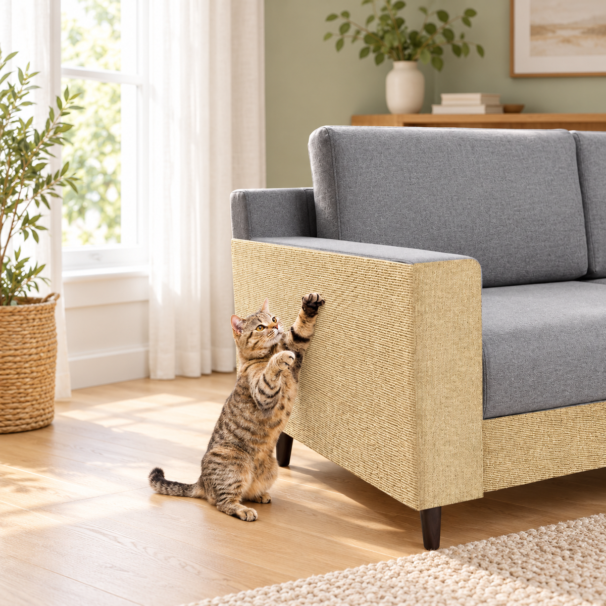 Trimmable Self-Adhesive Cat Scratch Mat & Furniture Protector – Beige – cat and product in a home setting