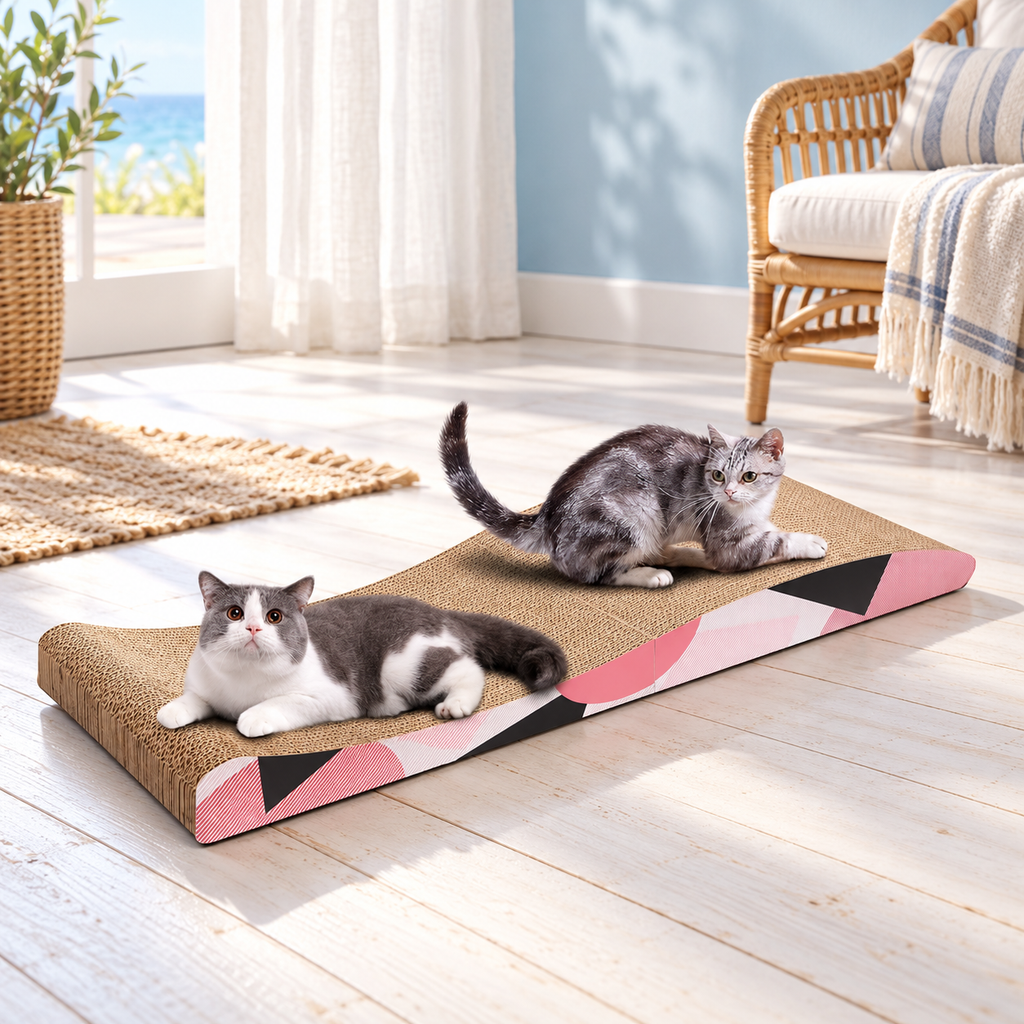 ComSaf Long Cat Scratching Board 26.75"x10" Curved Foldable Cat Scratcher Duck-Shaped Cardboard Cat Scratchers Recycle Corrugate Long Cat Scratching Pad for Cat Scratch Lounge Lasting Reversible – cat and product in a home setting