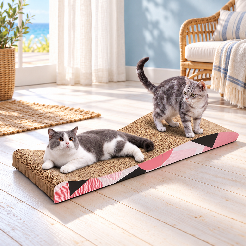 ComSaf Long Cat Scratching Board 26.75"x10" Curved Foldable Cat Scratcher Duck-Shaped Cardboard Cat Scratchers Recycle Corrugate Long Cat Scratching Pad for Cat Scratch Lounge Lasting Reversible – Alternative view in the same room