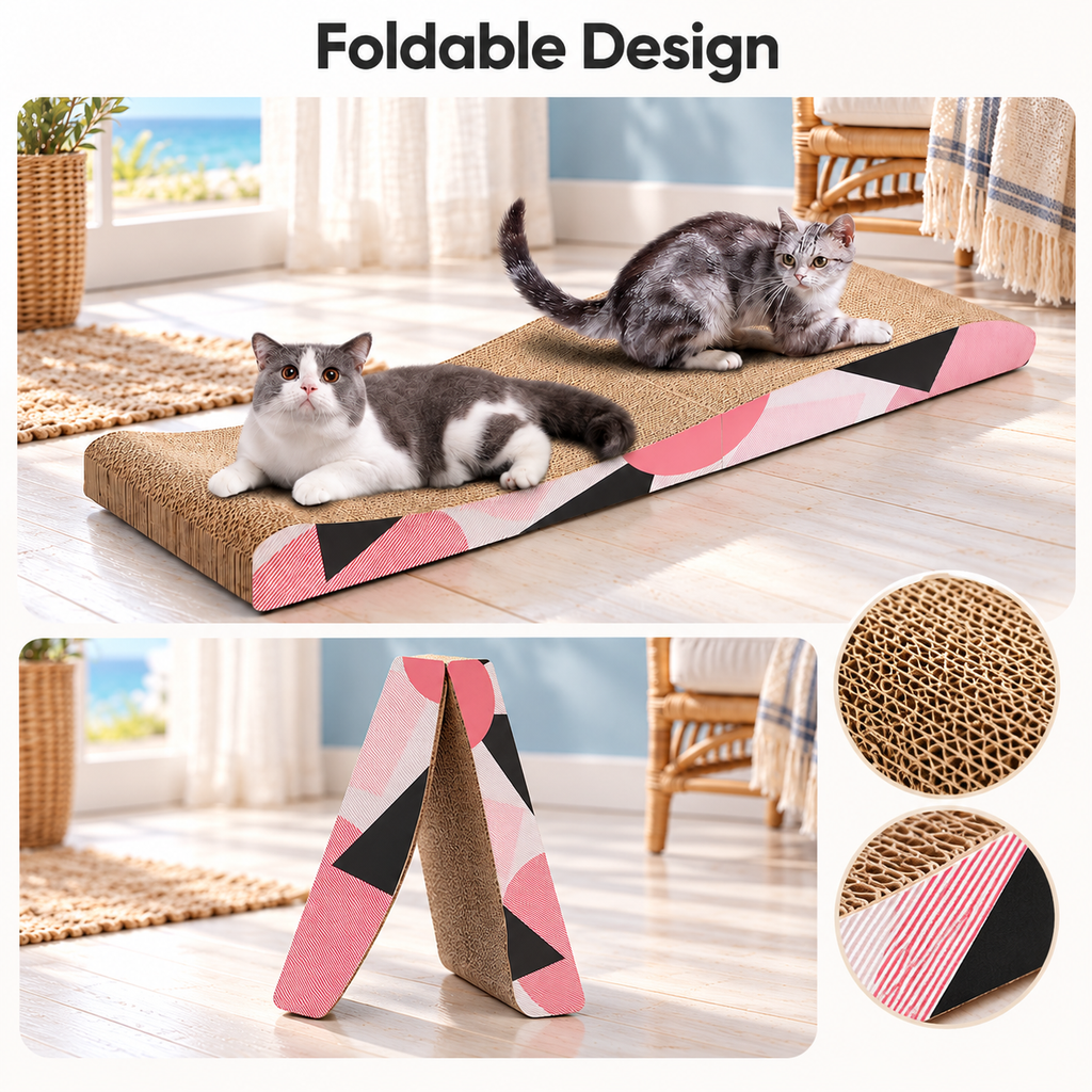 ComSaf Long Cat Scratching Board 26.75"x10" Curved Foldable Cat Scratcher Duck-Shaped Cardboard Cat Scratchers Recycle Corrugate Long Cat Scratching Pad for Cat Scratch Lounge Lasting Reversible – Foldable Design