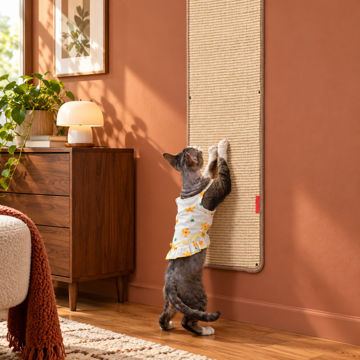Thick Cat Wall Scratcher Carpet & Sofa Protector – Brown – cat and product in a home setting