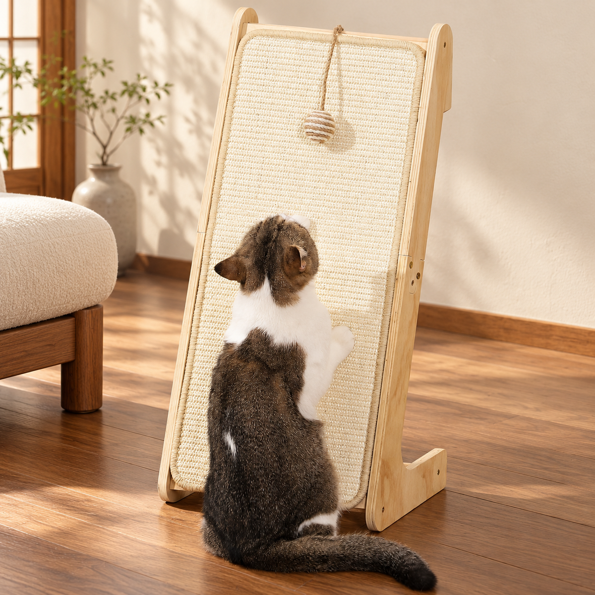 L-Shaped Sisal Cat Scratching Ramp with Ball Toy & Furniture Protector – cat and product in a home setting
