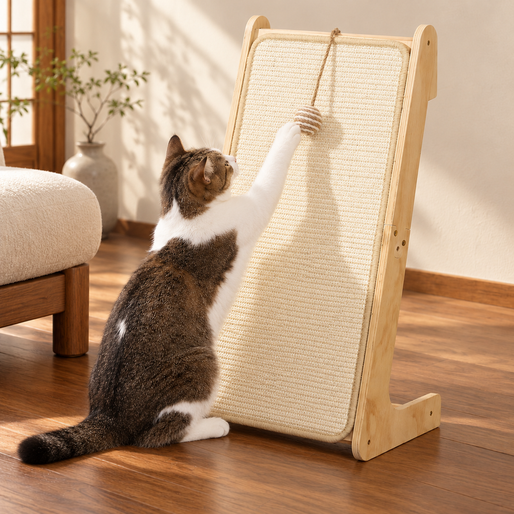 L-Shaped Sisal Cat Scratching Ramp with Ball Toy & Furniture Protector – Alternative view in the same room