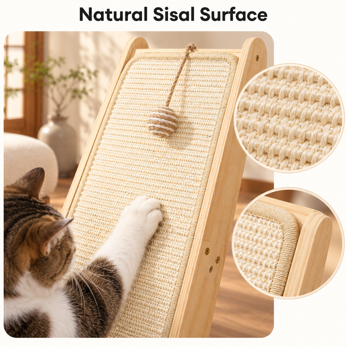 L-Shaped Sisal Cat Scratching Ramp with Ball Toy & Furniture Protector – Natural Sisal Surface