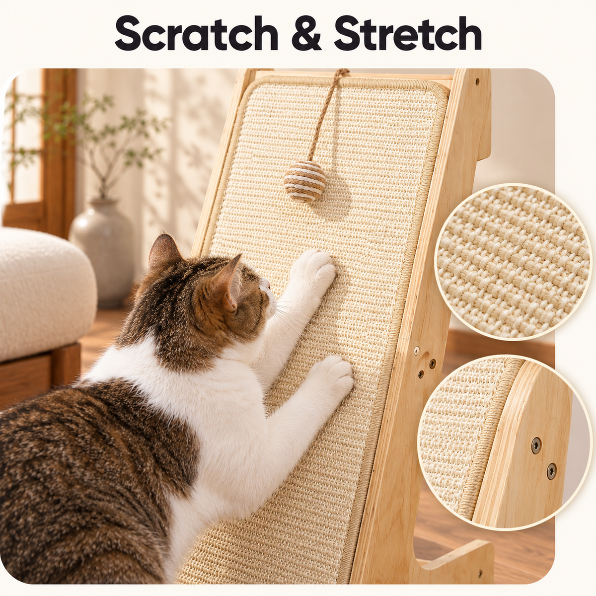 L-Shaped Sisal Cat Scratching Ramp with Ball Toy & Furniture Protector – Scratch & Stretch