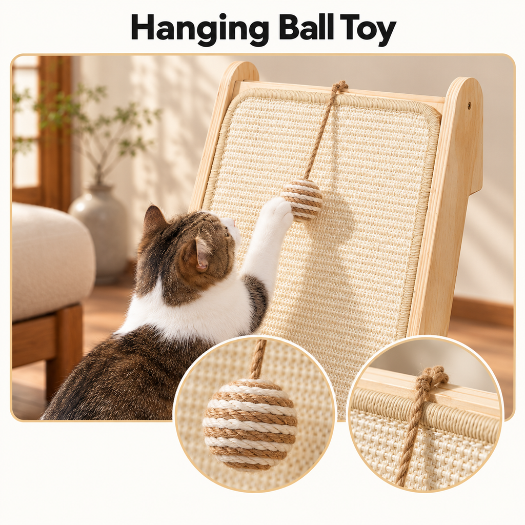 L-Shaped Sisal Cat Scratching Ramp with Ball Toy & Furniture Protector – Hanging Ball Toy