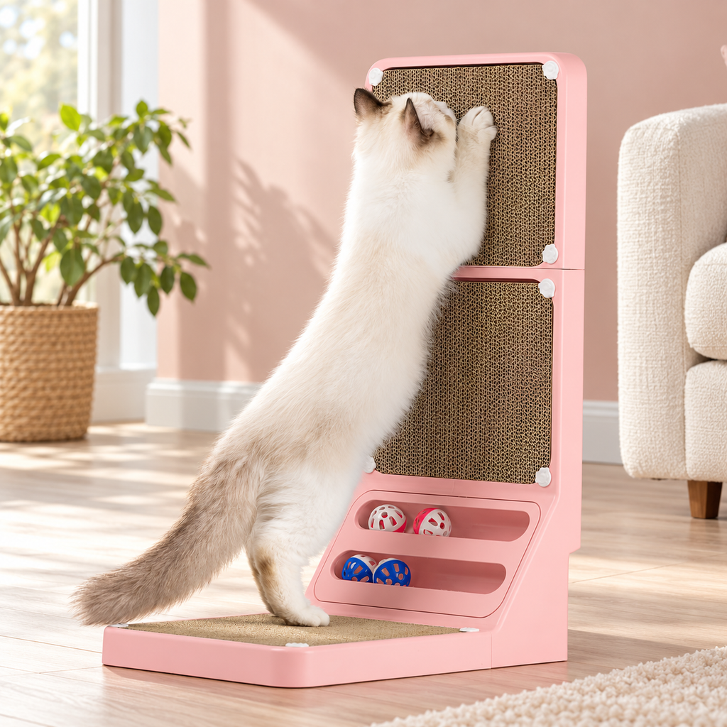 LALAKATS L-Shaped Cat Scratching Board with Scratching Ball & Replacement Pads – Pink – cat and product in a home setting