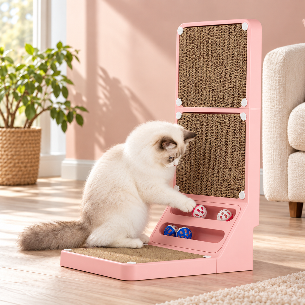 LALAKATS L-Shaped Cat Scratching Board with Scratching Ball & Replacement Pads – Pink – Alternative view in the same room