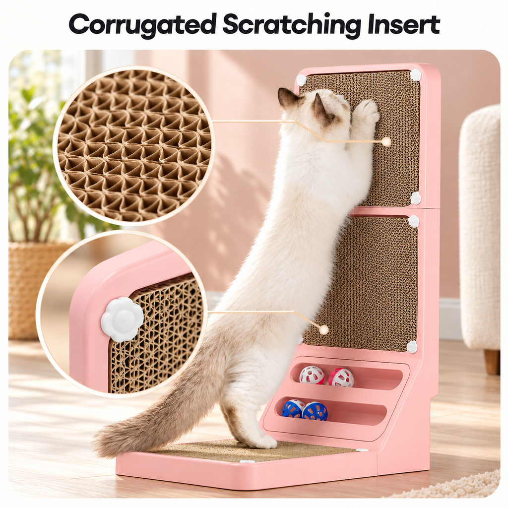 LALAKATS L-Shaped Cat Scratching Board with Scratching Ball & Replacement Pads – Pink – Corrugated Scratching Insert