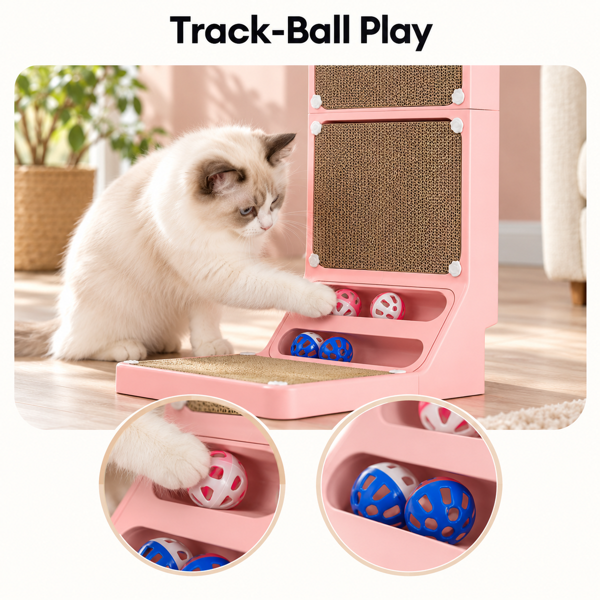LALAKATS L-Shaped Cat Scratching Board with Scratching Ball & Replacement Pads – Pink – Track-Ball Play