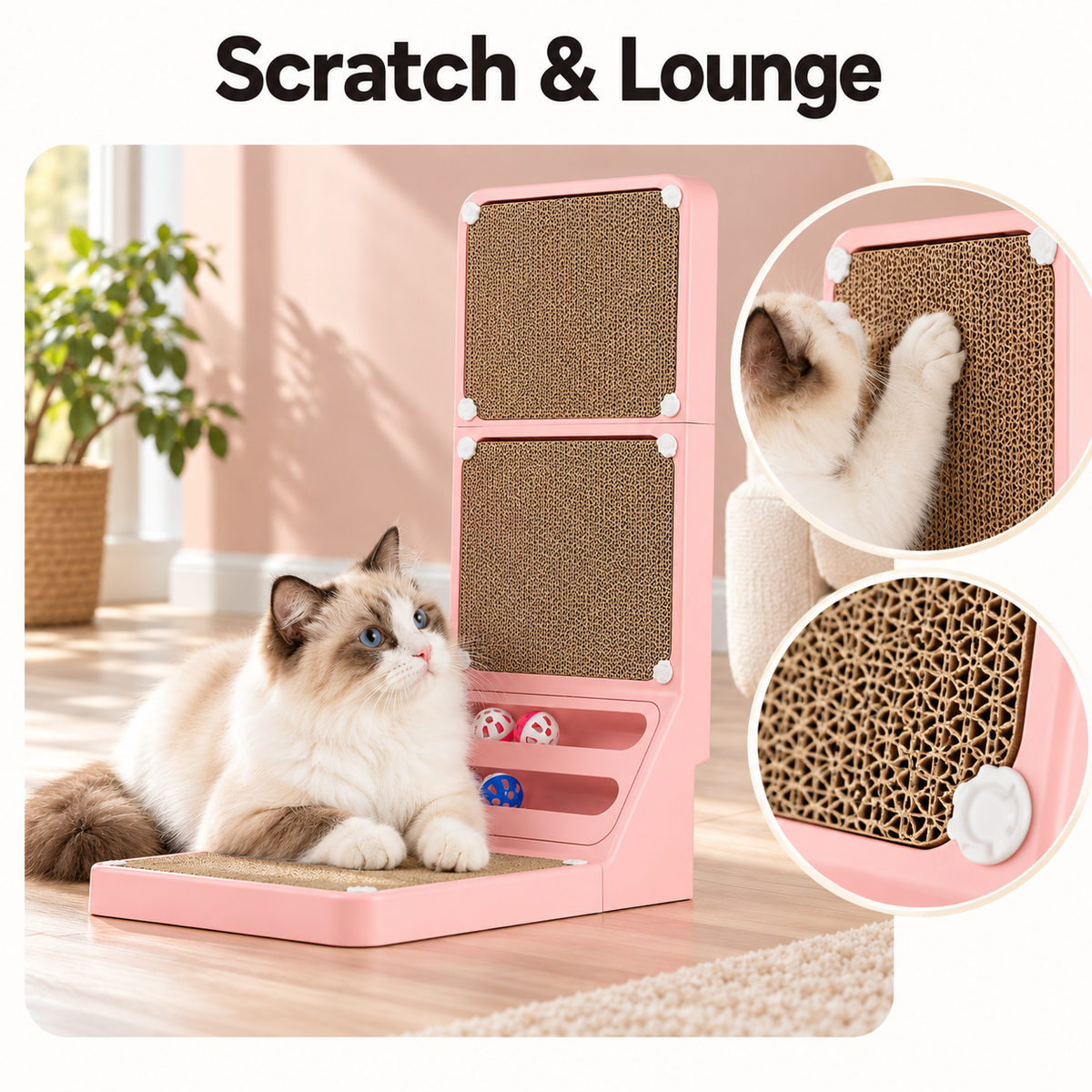 LALAKATS L-Shaped Cat Scratching Board with Scratching Ball & Replacement Pads – Pink – Scratch & Lounge