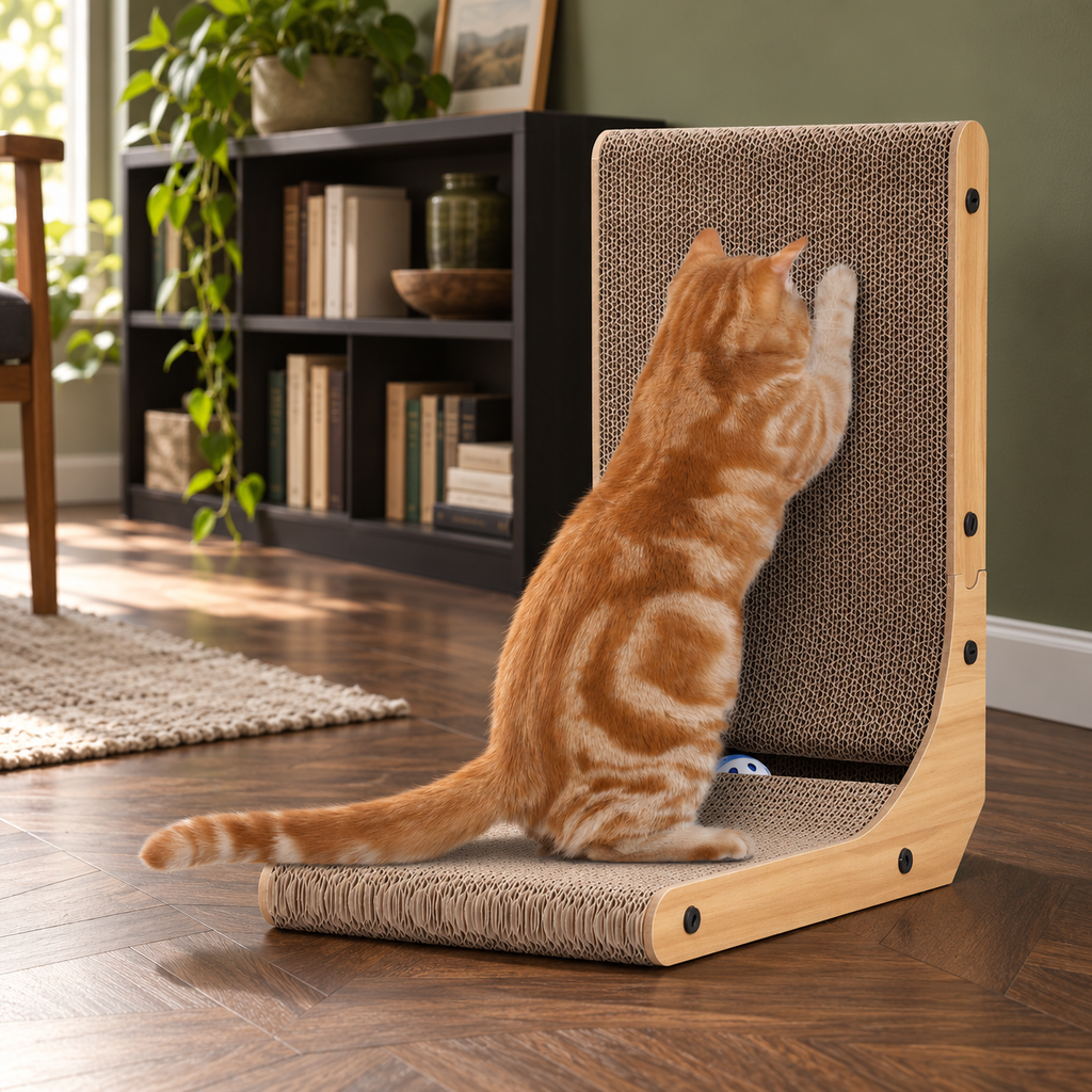 KIGOTY 17-Inch L-Shaped Cardboard Cat Scratcher with Ball Toy – cat and product in a home setting