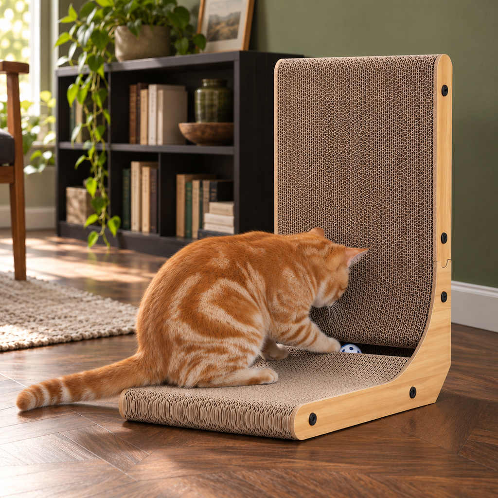 KIGOTY 17-Inch L-Shaped Cardboard Cat Scratcher with Ball Toy – Alternative view in the same room