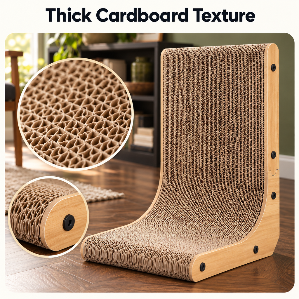 KIGOTY 17-Inch L-Shaped Cardboard Cat Scratcher with Ball Toy – Thick Cardboard Texture
