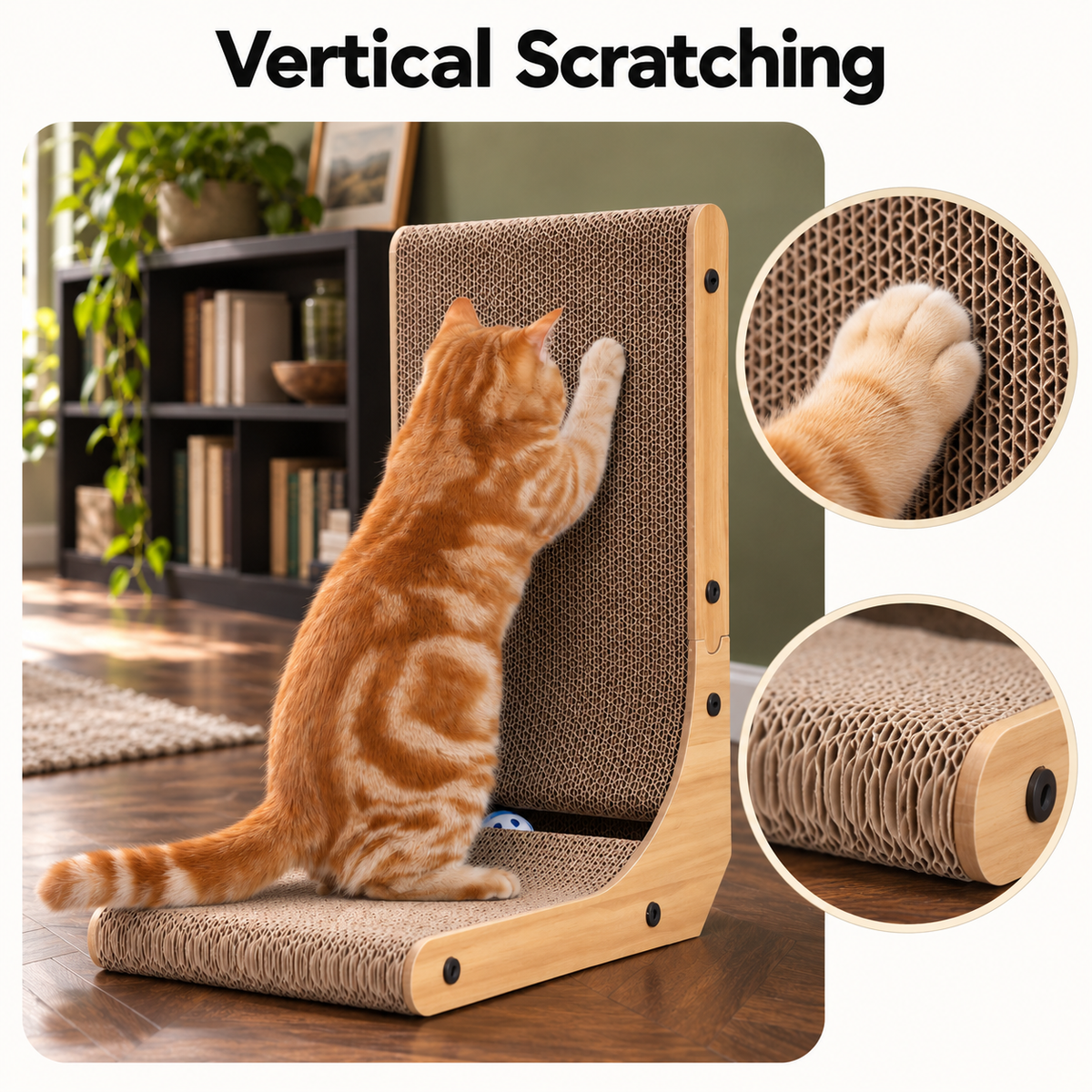 KIGOTY 17-Inch L-Shaped Cardboard Cat Scratcher with Ball Toy – Vertical Scratching