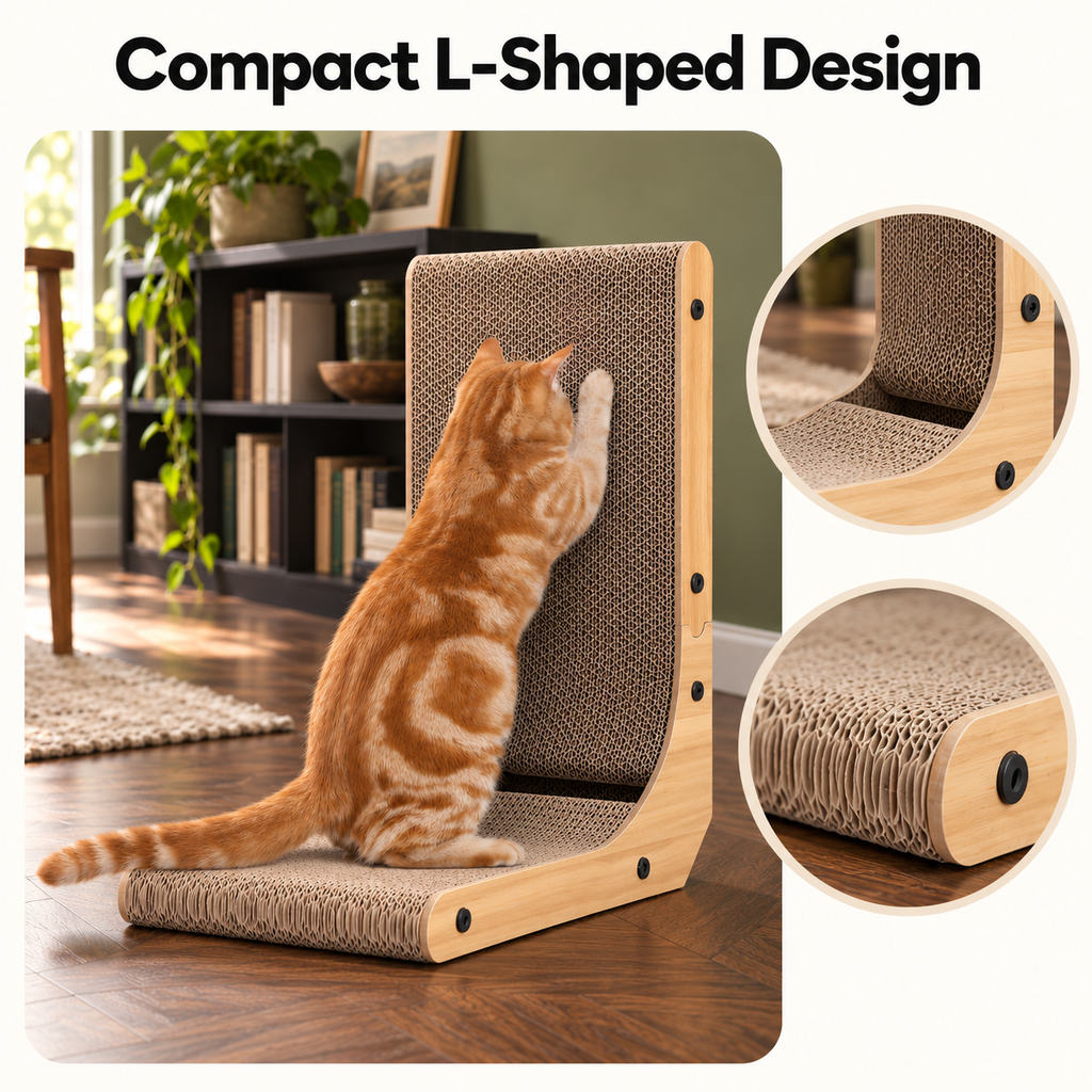 KIGOTY 17-Inch L-Shaped Cardboard Cat Scratcher with Ball Toy – Compact L-Shaped Design