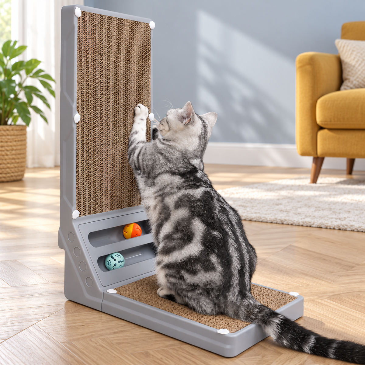 Joytale 23.6-Inch L-Shaped Cardboard Cat Scratcher with 2 Ball Toys – Large – cat and product in a home setting
