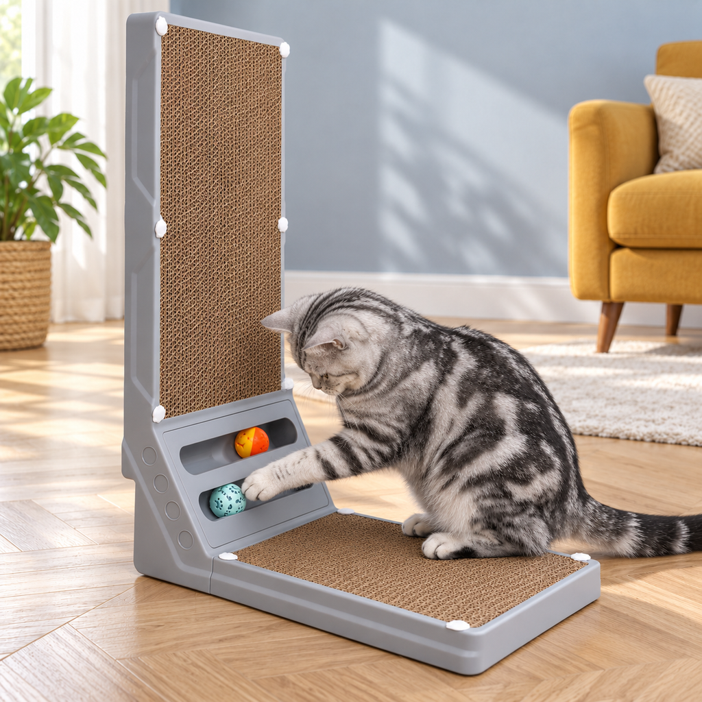 Joytale 23.6-Inch L-Shaped Cardboard Cat Scratcher with 2 Ball Toys – Large – Alternative view in the same room